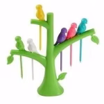 Shopkwik Plastic Fruit Fork with Stand and 6 Fork Multicolor Bird Design Fancy Fruit Fork (Pack of 1 Stand & 6 Forks) (Fruit Fork Bird, 1)