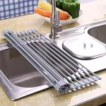 Shopkwik Multipurpose Roll-up Dish Drying Rack Over The Sink Mat, Stainless Steel Adjustable Folding Rolling Dish Drainer Organizer Rack for Kitchen, Black - Big Size (46.5 x 46 cm)