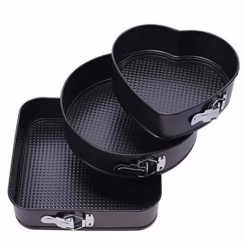 41ElV4US4iS-jpg.avif Shopkwik Cake Tin Teflon Coated Non Stick Pan Cake Mould Set of 3 - Heart Square Round Shapes with Loose Base -Easy Washable - Quick Release Springform Baking Pan Shapes - for Oven(3 PCS, Black) - Image 1