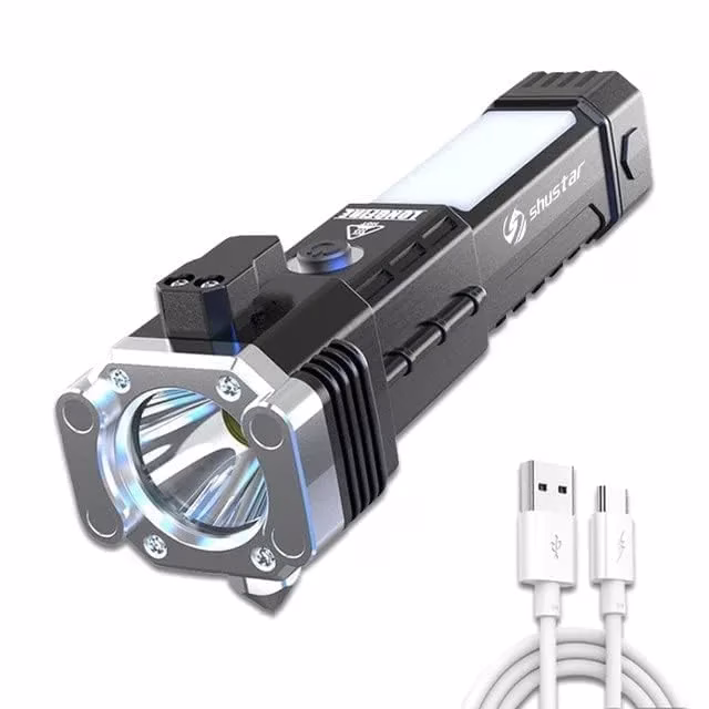 41WravwNdbL-jpg.avif Shopkwik Torch Light,Led 3W Torch Light Rechargeable Torch Flashlight,Long Distance Beam Range Car Rescue Torch with Hammer Window Glass and Seat Belt Cutter Built - Image 1