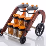 Shopkwik New Traditional Looked Rajwadi Cycle Style Spice rack with 8 jar with 2 spoon Plastic and Wooden Spice Rack Storage Jar (Multi Colour)