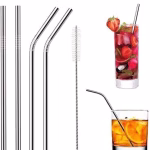Shopkwik Set of 4 Reusable Metal Straws, Long Stainless Steel Straw with Cleaning Brushes, Drinking for 30 oz and 20 oz Tumblers.(2Bent + 2 Straight + 1 Brush)