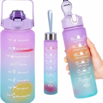 Shopkwik Motivational Water Bottle Set of 3 With Time & Capacity Marker, Leakproof, BPA-free Straw bottle for Home, Office, School & Gym (2L, 900ml & 280ml, Color- Multicolor)