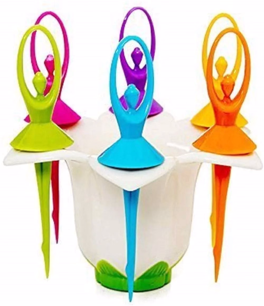 61FV-HLKrOL._SL1160-jpg.avif Shopkwik Plastic Dancing Doll Fruit Fork Set of 6 with Stand for Kids and Adults (Multicolor) - Image 1
