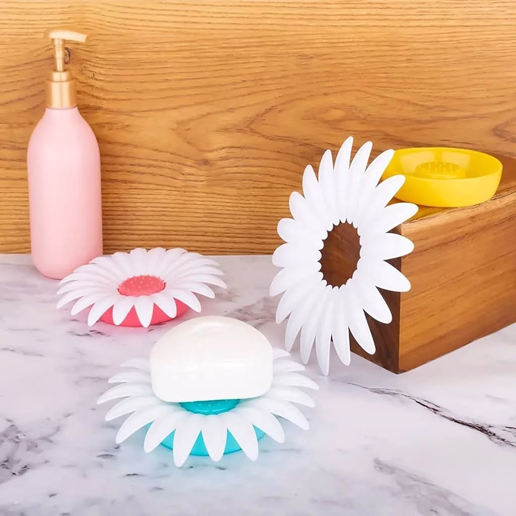 61LWl-Ts60L._SL1024-jpg.avif Shopkwik Flower Shape Portable Soap Dish Holder Soap Case with Liquid Drain Plate for Bathroom and Kitchen Set of 3(Flower Soap Dish Holder) - Image 1