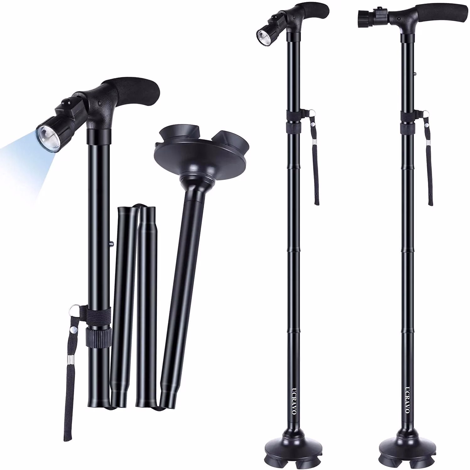 61MlJravkmL-jpg.avif Shopkwik Folding Cane with Led Light- Non-Slip Grip Handle for Men & Women,Collapsible Walking Stick,Adjustable Walking Cane Base for Hiking Camping Black - Image 1
