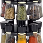 Shopkwik Multipurpose Revolving/Rotating Spice Rack For kitchen Plastic Made set of 16 for spice/salt masala container Rack with Holder and lid 16 pcs Black suitable for daining table