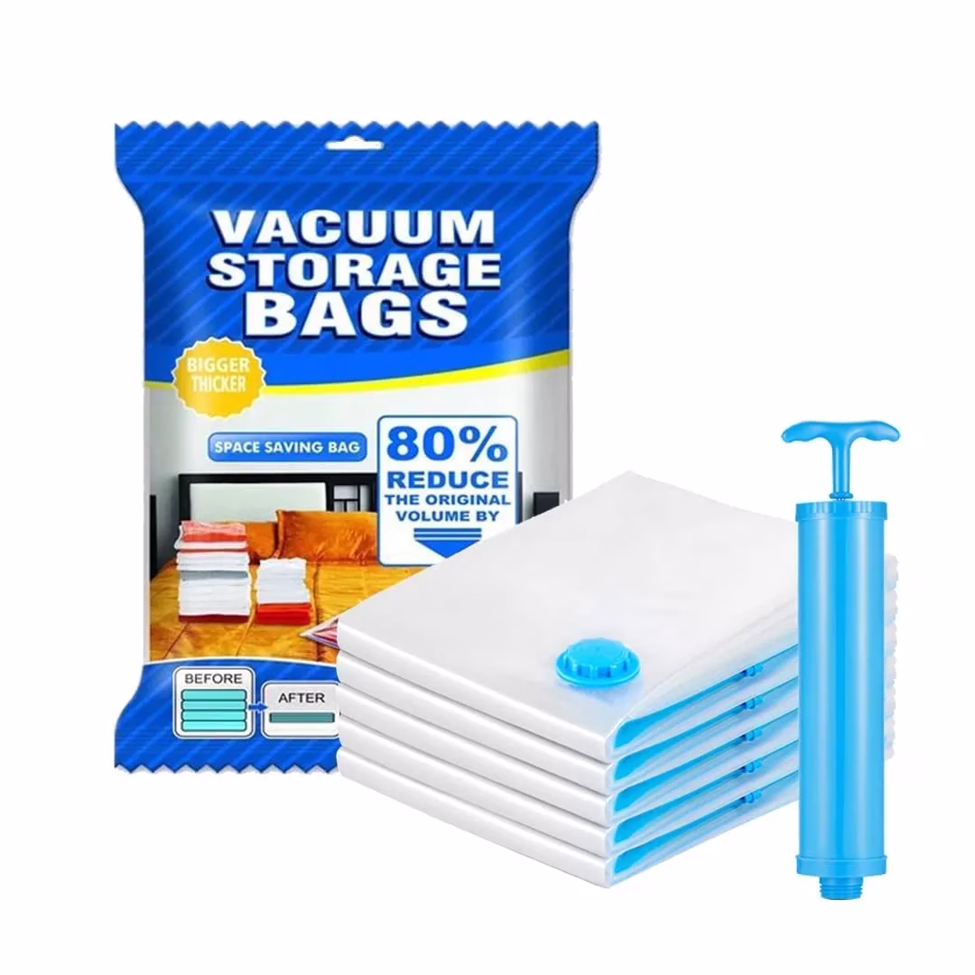 61jjUezw8jL._SL1080-jpg.avif Shopkwik Vacuum Bag Storage Ziplock Compression Sealer Bags for Travel clothes and home Blankets, Quilts with hand Pump - (Standard Pack of 5 (2 Small + 2 Medium + 1 Large, Plastic) - Image 1