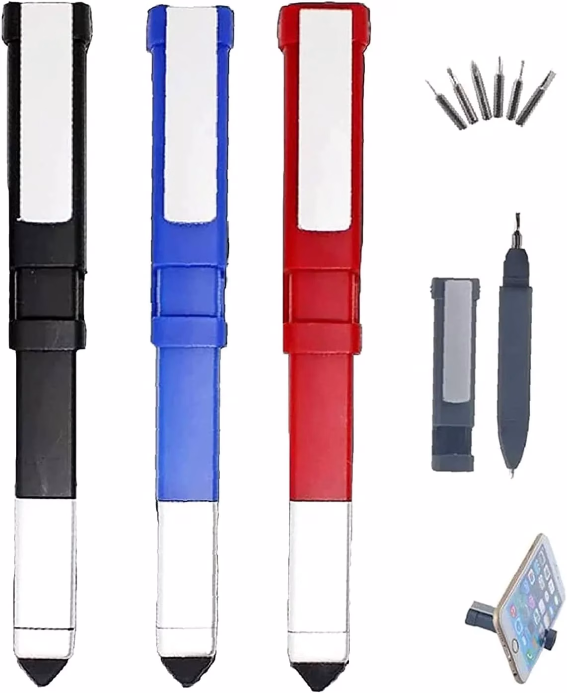 61jk0nKNZXL-jpg.avif Shopkwik 2PCS Pen Shaped Phone Holder with Screwdriver Set, Touch Screen Stylus Pen, Multifunctional 4 in 1 Tech Tools Pen with Phone Stand & 7 common screwdriver bits for Home, School, Office ( Multi Tool Pen ) - Image 1