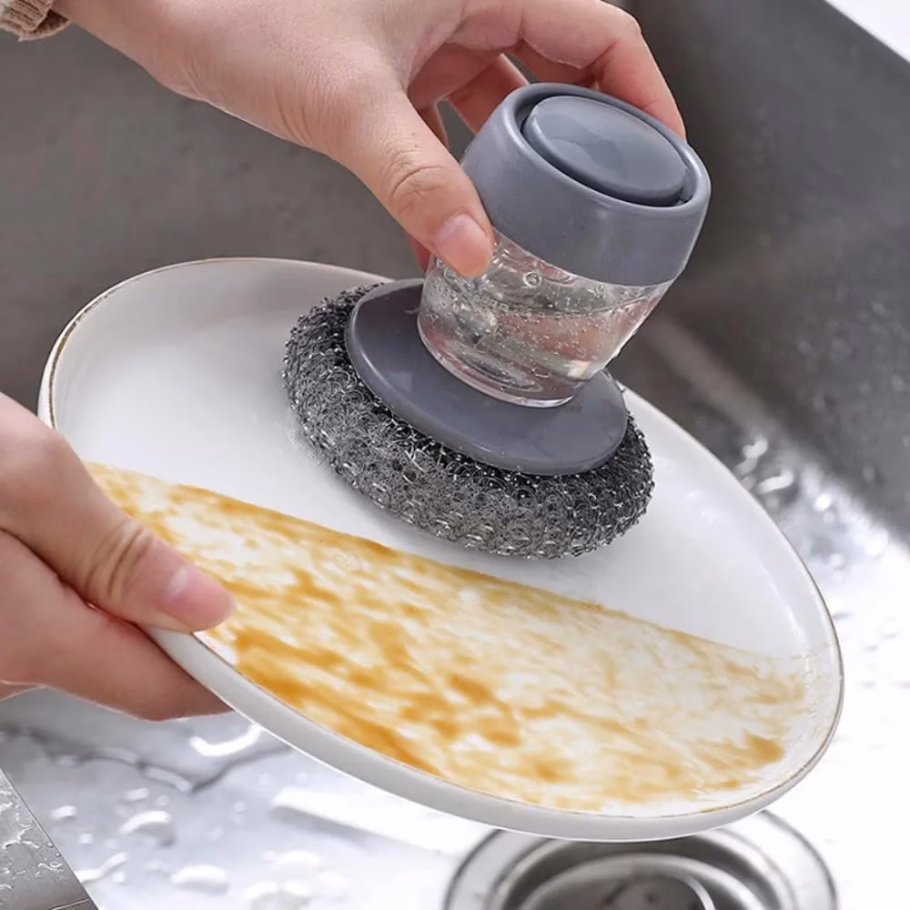 61lrvdB6mvL-jpg.avif Shopkwik Tar Brush Dish Cleaning Brush with Liquid Dispensar Palm Dishes Pot, pan, Sink scrubbing Household soap Dispenser for Tool Dispensing wash Kitchen Utensils Scrubber Multipurpose in Home - Image 1