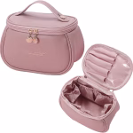 Shopkwik Makeup Bag, Portable Cosmetic Bag, Large Capacity Travel Makeup Organizer, Leather Cosmetic Brush Case for Women Toiletry Bag for Girls with Handle and Divider (Light Pink)