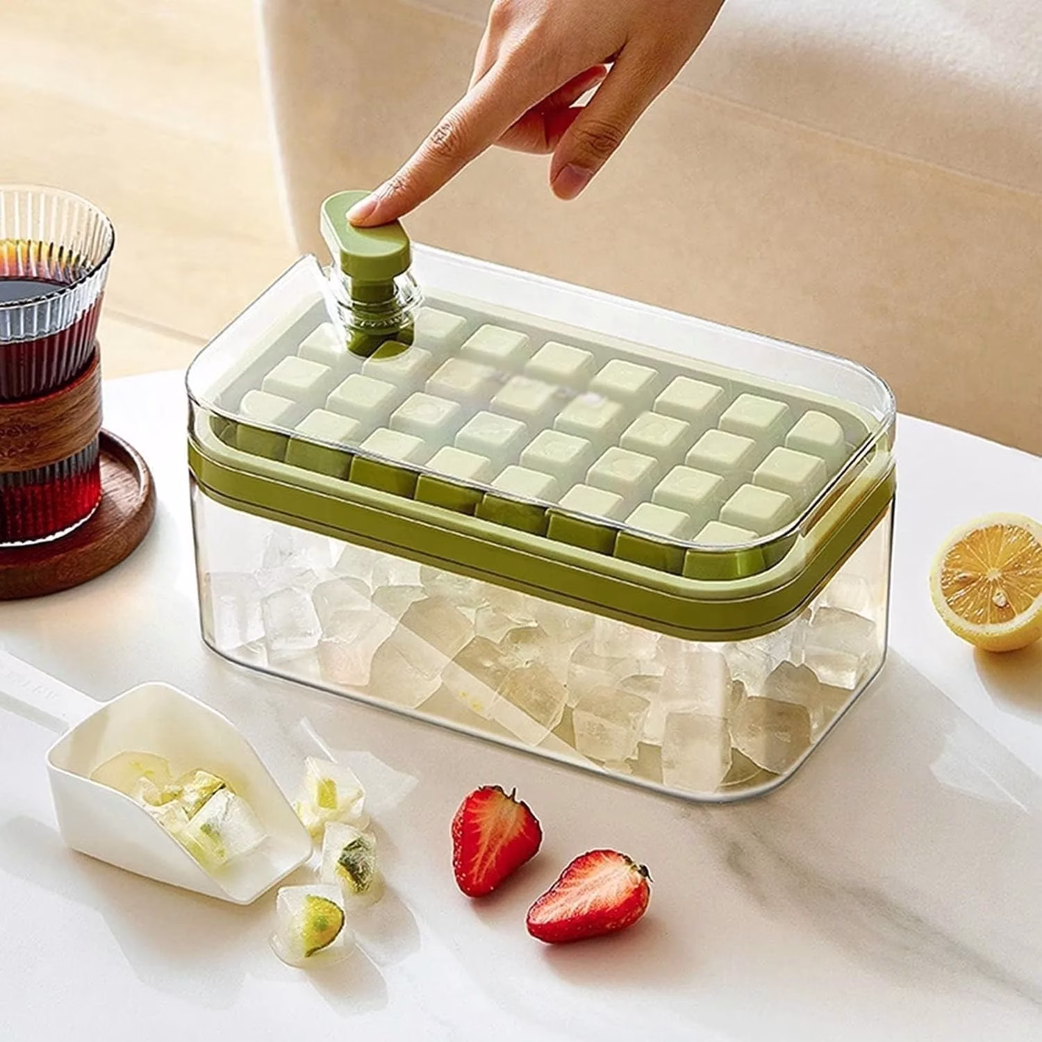 71xb_cgLk8L-jpg.avif Shopkwik 2 Layer Ice Cube Tray with Lid & Bin, Square Ice Cubes Molds with Ice Scoop, One Tap Easy Release & Save Space, Bpa Free Ice Cube Storage Container 64 Ice Cubes - Image 1