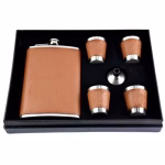 Hip Flask Set 8 Oz | Brown Leather Flask with Shots