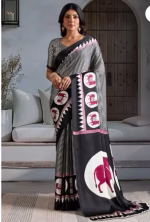 Designer Satin Printed Saree with Ajrakh Blouse - Image 5