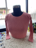 Baby Pink Trendy Winter Blouse for Women - Warm Woolen Knit Top