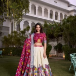 Tussar Silk Lehenga Choli with Floral Dupatta - Deep Magenta
