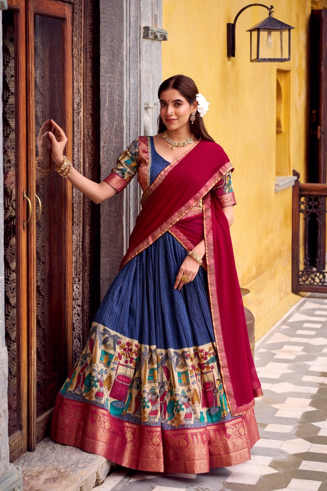 WhatsApp-Image-2026-01-16-at-6.19.32-PM.avif Tusser Silk Floral Print Lehenga Choli with Dupatta - Red - Image 1