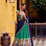 Tusser Silk Floral Print Lehenga Choli with Dupatta - Blue