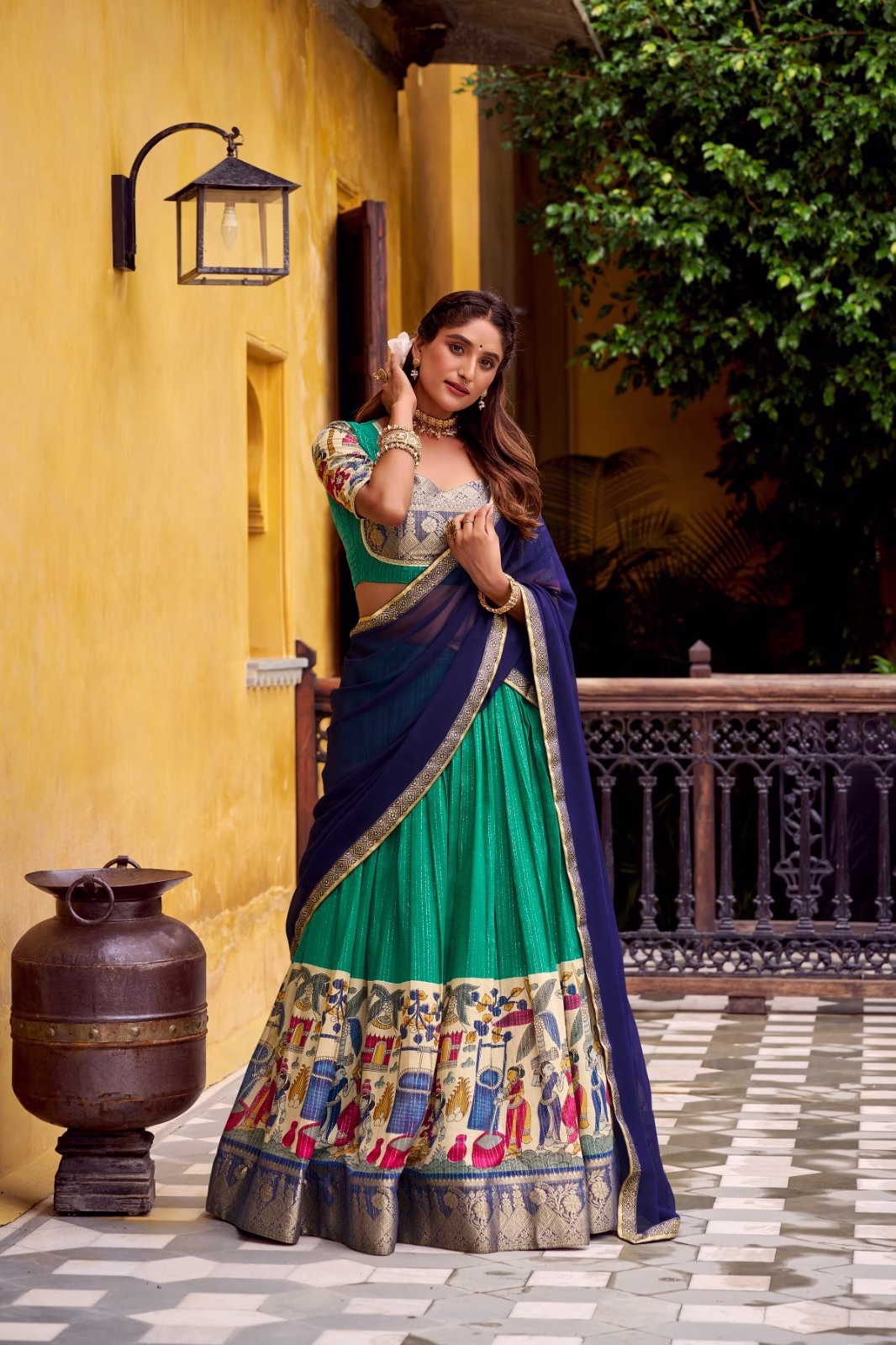 WhatsApp-Image-2026-01-16-at-6.24.32-PM.avif Tusser Silk Floral Print Lehenga Choli with Dupatta - Blue - Image 1