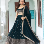 Bottle Green Embroidered Faux Georgette Lehenga Choli Set