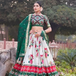 Green Tusser Silk Lehenga Choli with Foil Work | Buy Designer Lehenga Online