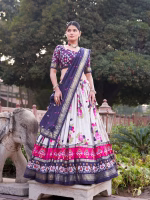 Tusser Silk Lehenga Choli with Print & Foil Work - Blue - Image 3