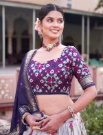 Tusser Silk Lehenga Choli with Print & Foil Work - Blue - Image 2