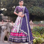Tusser Silk Lehenga Choli with Print & Foil Work - Blue