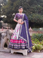 Tusser Silk Lehenga Choli with Print & Foil Work - Blue