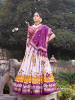 Tusser Silk Lehenga Choli with Print & Foil Work - Purple - Image 3