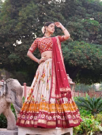 Tusser Silk Lehenga Choli with Print & Foil Work - Red - Image 6