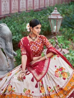 Tusser Silk Lehenga Choli with Print & Foil Work - Red - Image 5