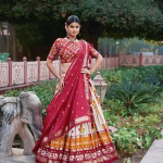 Tusser Silk Lehenga Choli with Print & Foil Work - Red