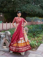 Tusser Silk Lehenga Choli with Print & Foil Work - Red