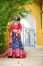 Heavy Lichi Silk Lehenga Choli with Jacquard Border - Blue - Image 4