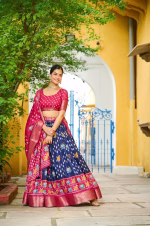 Heavy Lichi Silk Lehenga Choli with Jacquard Border - Blue - Image 5