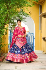 Heavy Lichi Silk Lehenga Choli with Jacquard Border - Blue
