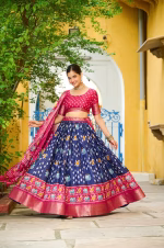 Heavy Lichi Silk Lehenga Choli with Jacquard Border - Blue - Image 3