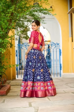 Heavy Lichi Silk Lehenga Choli with Jacquard Border - Blue - Image 2