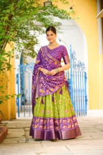 Heavy Lichi Silk Lehenga Choli with Jacquard Border - Parrot