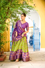Heavy Lichi Silk Lehenga Choli with Jacquard Border - Parrot - Image 3