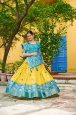 Heavy Lichi Silk Lehenga Choli with Jacquard Border - Yellow - Image 3