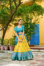 Heavy Lichi Silk Lehenga Choli with Jacquard Border - Yellow - Image 4